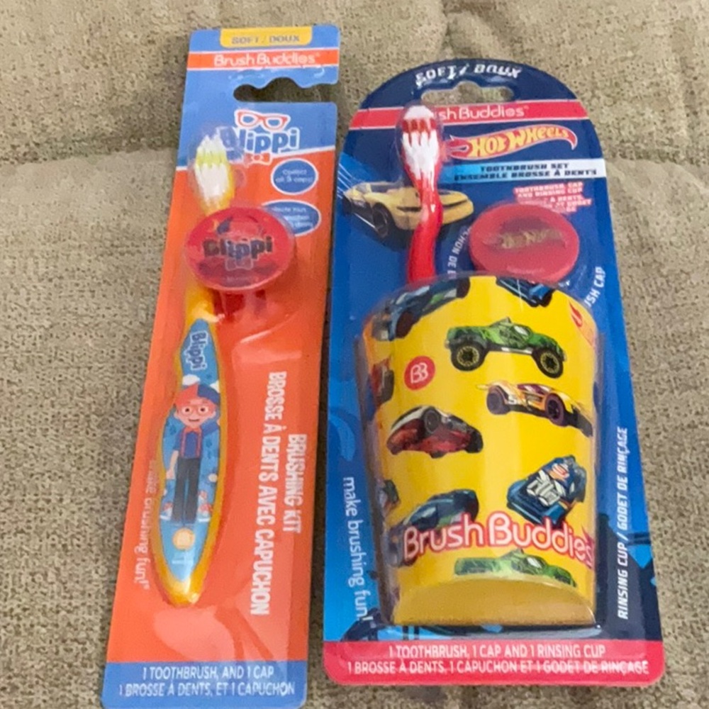 Hot Wheels brush buddies toothbrush set with cup and Blippi brush set - boys